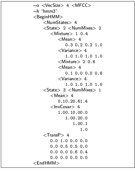 \framebox[100mm]{
\begin{minipage}{100mm}
\begin{program}
\mbox{$\sim$\textsf{...
... 0.0 0.0 0.0 0.0 \\
\mbox{$<$\textsf{EndHMM}$>$}
\end{program} \end{minipage} }