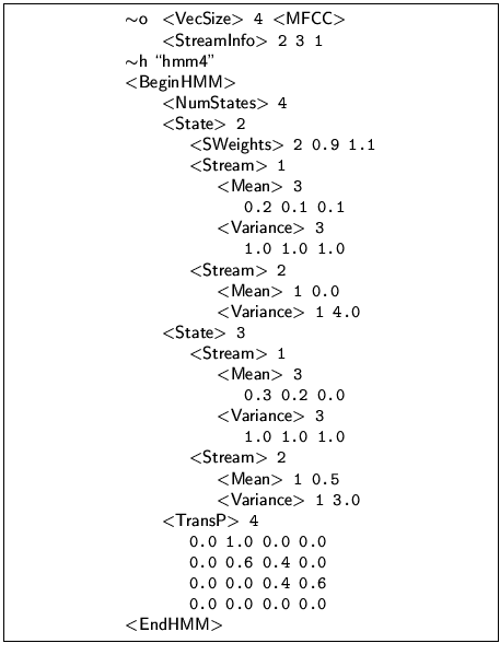 \framebox[100mm]{
\begin{minipage}{100mm}
\begin{program}
\mbox{$\sim$\textsf{...
... 0.0 0.0 0.0 0.0 \\
\mbox{$<$\textsf{EndHMM}$>$}
\end{program} \end{minipage} }