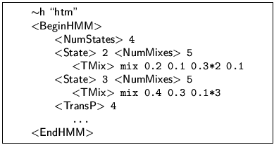 \framebox[85mm]{
\begin{minipage}{85mm}
\begin{program}
\par
\mbox{$\sim$\text...
...4 \\
\> \> ... \\
\mbox{$<$\textsf{EndHMM}$>$}
\end{program} \end{minipage} }