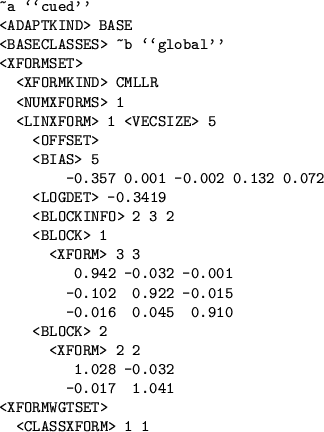\begin{figure}\begin{verbatim}~a \lq\lq cued''
<ADAPTKIND> BASE
<BASECLASSES> ~b...
...-0.032
-0.017 1.041
<XFORMWGTSET>
<CLASSXFORM> 1 1\end{verbatim}\end{figure}