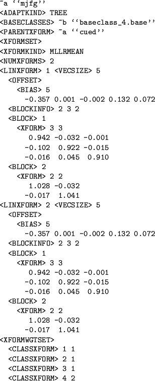 \begin{figure}\begin{verbatim}~a \lq\lq mjfg''
<ADAPTKIND> TREE
<BASECLASSES> ~b...
...
<CLASSXFORM> 2 1
<CLASSXFORM> 3 1
<CLASSXFORM> 4 2\end{verbatim}\end{figure}